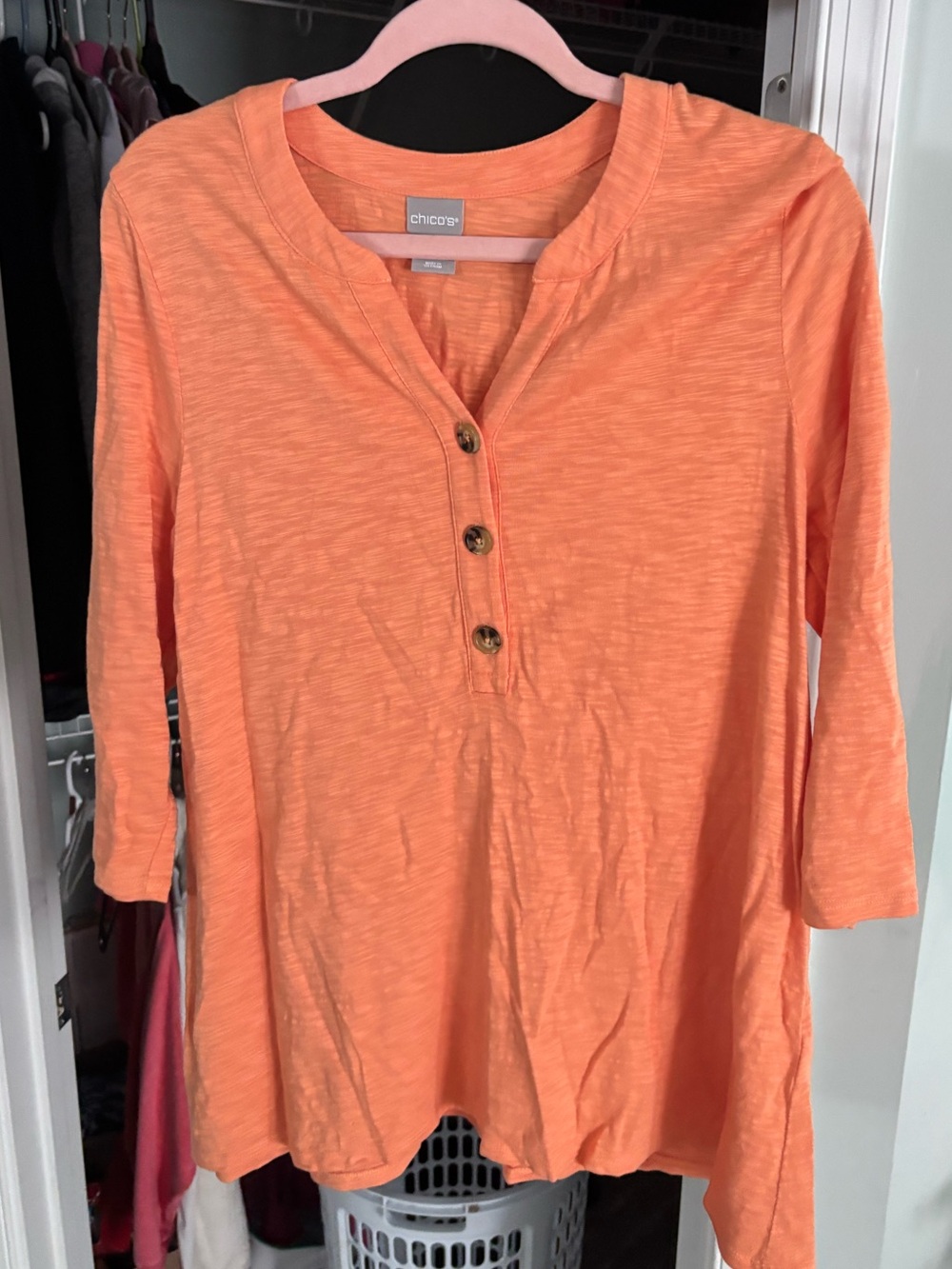 Chico's Women's Orange Henley Button-Front 3/4 Sleeve Top